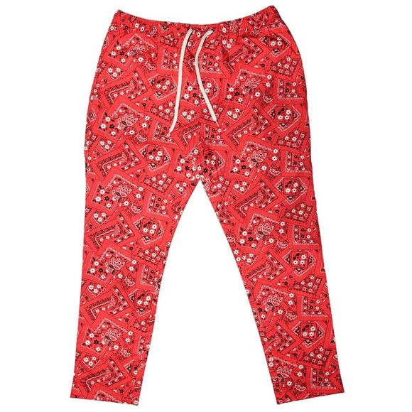 Mens Pants Joggers Red Black Floral Bandana Drawstring Loose Harem Casual Large - Picture 1 of 6